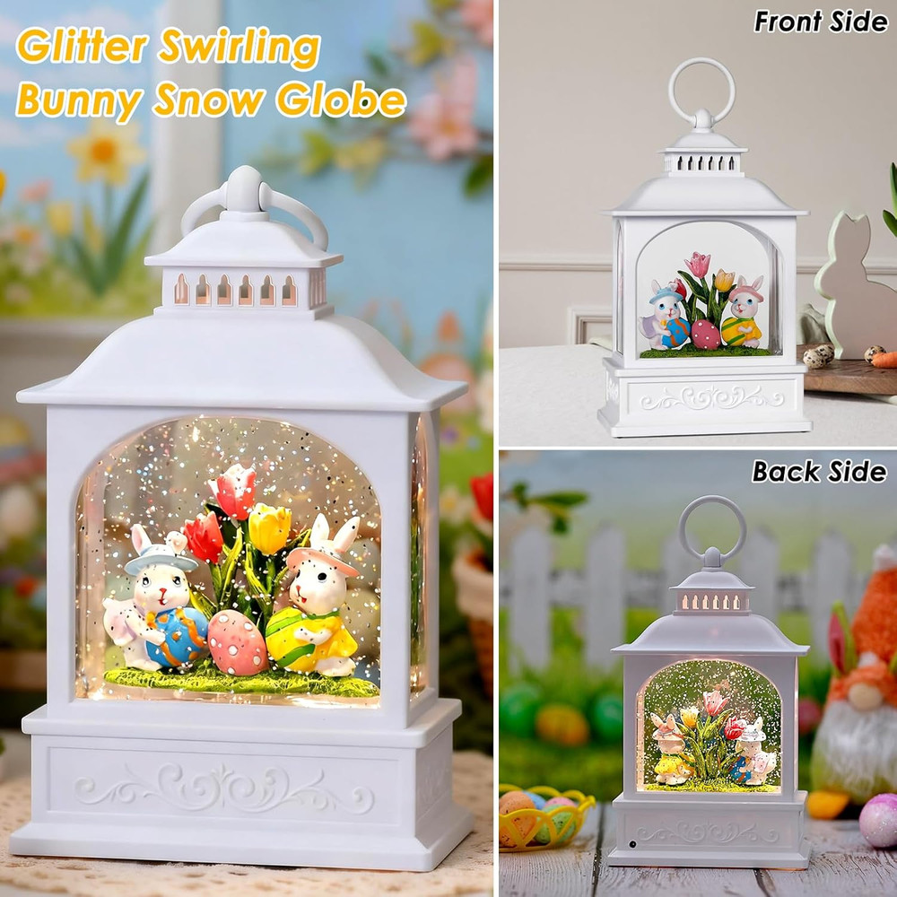 Easter Bunny Snow Globe, Easter Eggs Spring Snow Globe 6H Timer Glitter Lantern