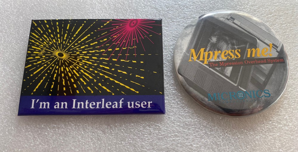 Vintage Mpress Me! Overhead System PC Interleaf User pin pinback button mixed 2