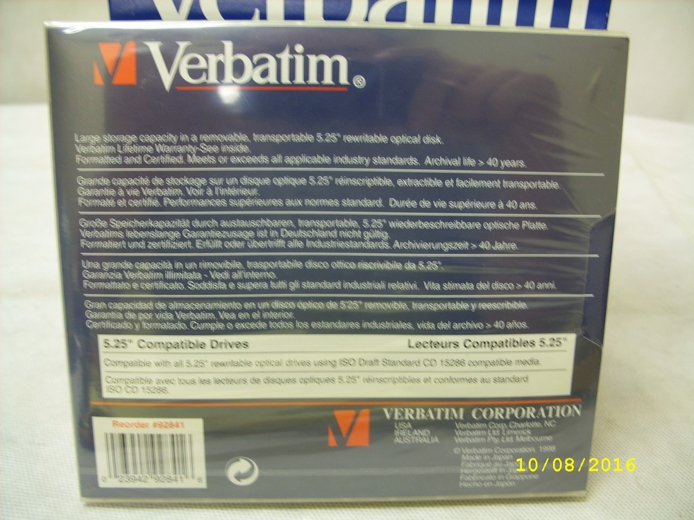 Verbatim Rewritable Optical Disk - # 92841 - 4.1GB - 5.25" - 512 Bytes - 5 PACK