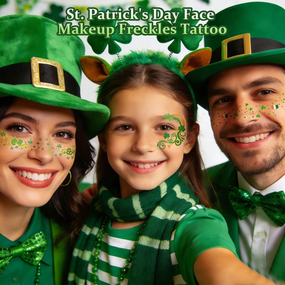 28 PCS St Patrick’s Day Glitter Face Temporary Small, Irish Shamrocks