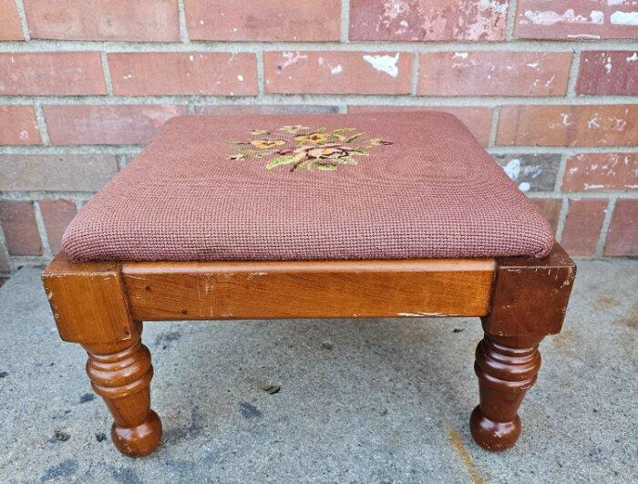 Vintage Footstool Solid Maple Needlepoint Upholstery