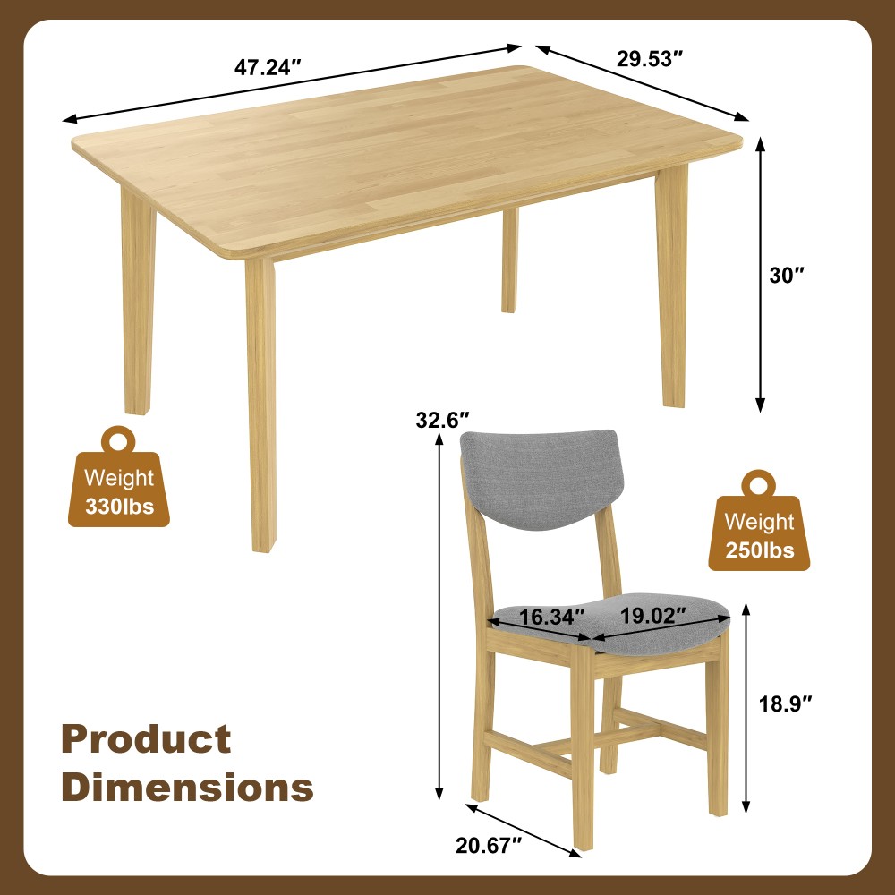 Rustic 5-Piece Dining Set - 1 Solid Wood Table + 4 Upholstered Chairs, Farmhouse