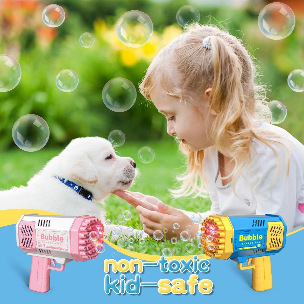 2 Bubble Gun with 2 Bottles Refill Solution for Kids, 40-Hole Light Up Bubble...