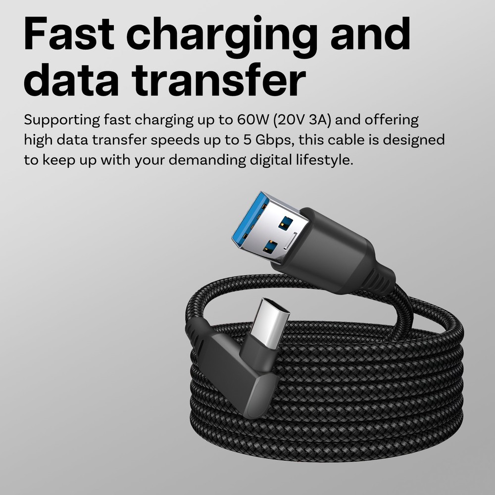 VR Link Cable USB to USB-C 90 Degree Type-C Nylon Braided Cable - 16ft