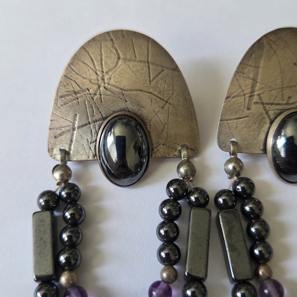 Signed MARCELL Southwestern Sterling Stud Earrings Hematite & Amethyst