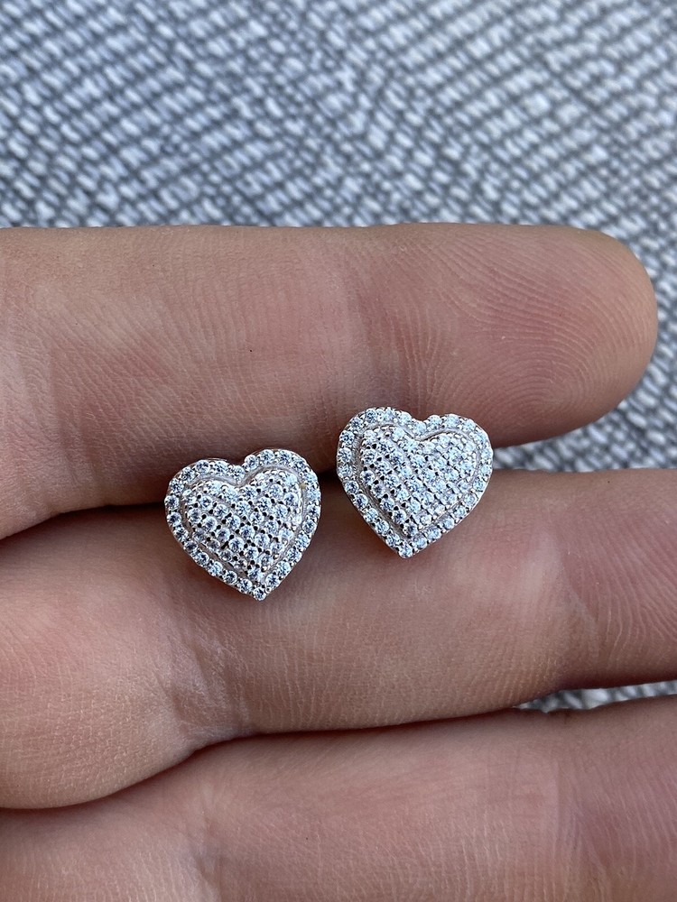 Solid 925 Sterling Silver Iced Heart Stud Earrings Moissanite Pass Diamond Test
