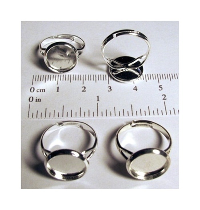 100 SILVER PLATE Adjustable RING BLANKS Beveled pad for 12mm Cabochon Bezel edge