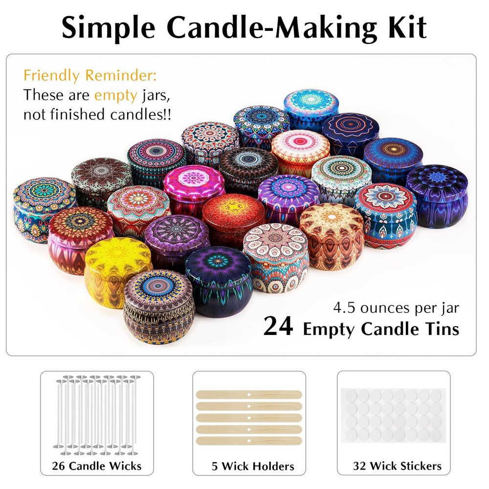 24 Empty Candle Tins 4.5 oz with Lids - Simple Candle-Making Kit, Includes Wi...
