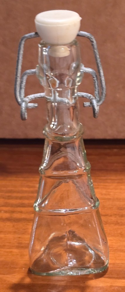 Vintage unusual glass, triangular bottle w/bail & stopper closure
