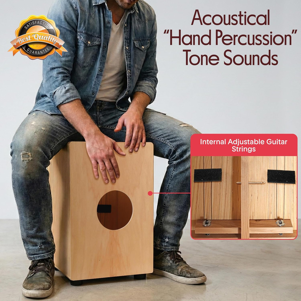Wooden Cajon Percussion Box Handcrafted String Drum Rubber Feet