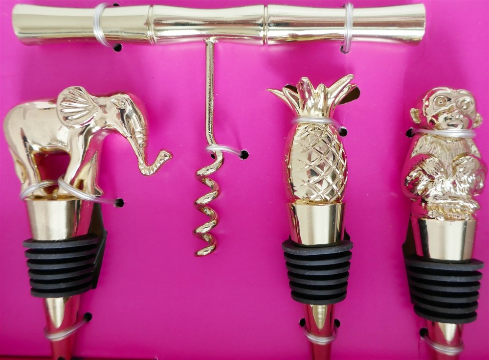 Lilly Pulitzer LtEd SET 5pc Giraffe+Pineapple Monkey Elephant Stoppers+Corkscrew