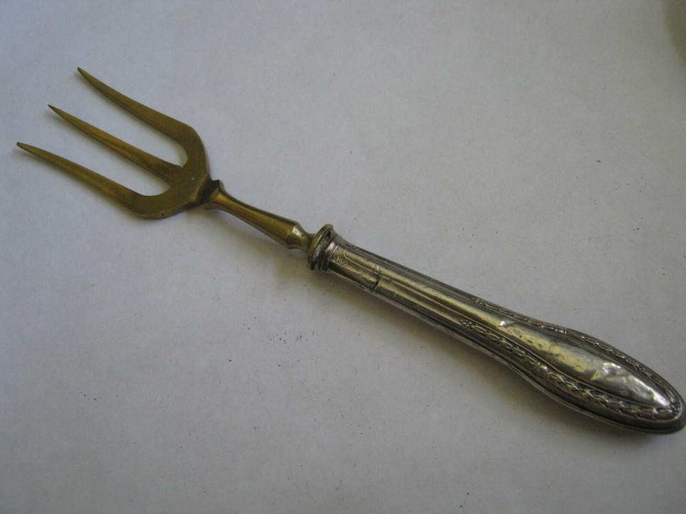 c. 1900 German 800 Silver Handle Brass 6 1/4" Trident Fork, Leaves & Berries