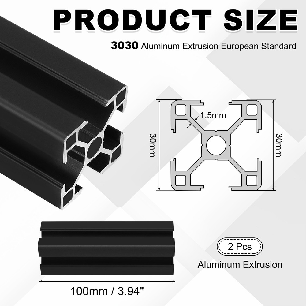 2Pcs 100mm 3030 Aluminum Extrusion Profile, Anodized Linear Rail, Black