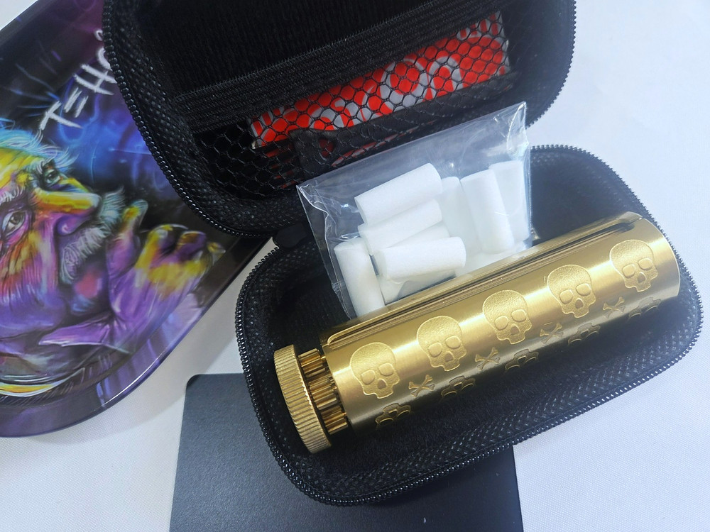 Solid Brass Cigarette Roller Kit, Skull Crossbones Design 70mm w/ Tray