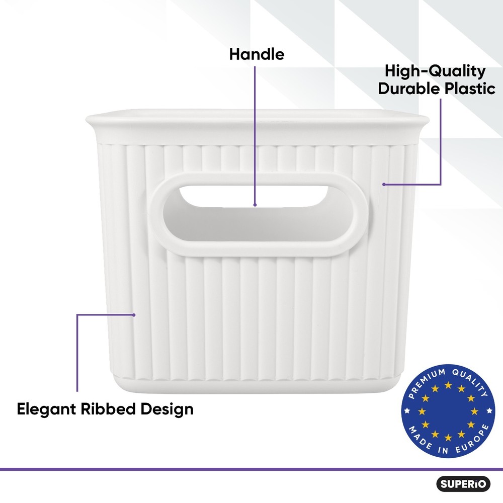 1.5 L Mini Ribbed Storage Bin, Decorative Plastic Storage Baskets, White, 8 Pack