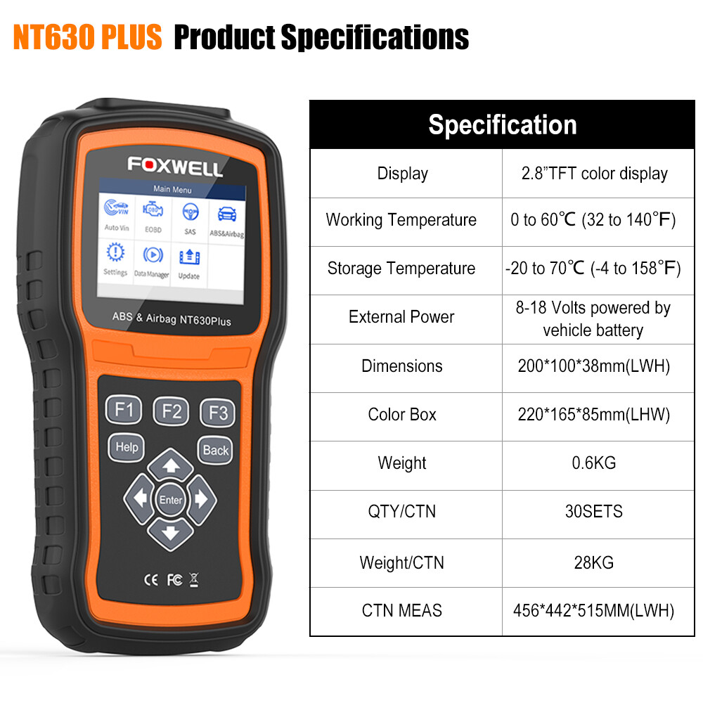 Foxwell NT630 PLUS OBD2 Scanner Code Reader Diagnostic Tool ABS Bleeding SAS SRS