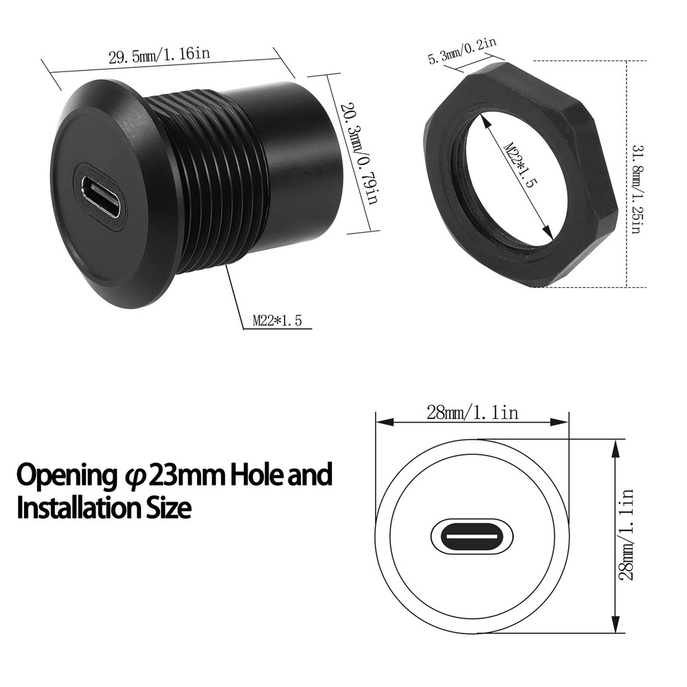 USB C Panel Threaded Fixed Mount Coupler Converter Adapter USB 3.1 Type C Fem...