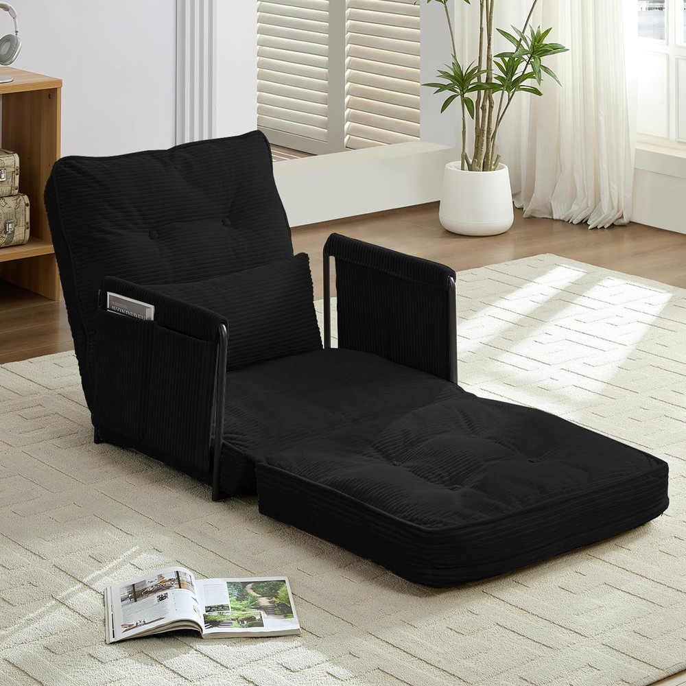 Foldable Floor Sofa with Pillow Adjustable Backrest Sleeper Bed Black Single