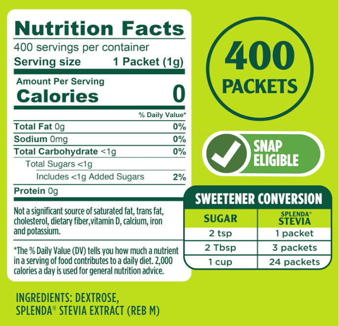 SPLENDA Stevia Zero Calorie Sweetener, 400 Packets