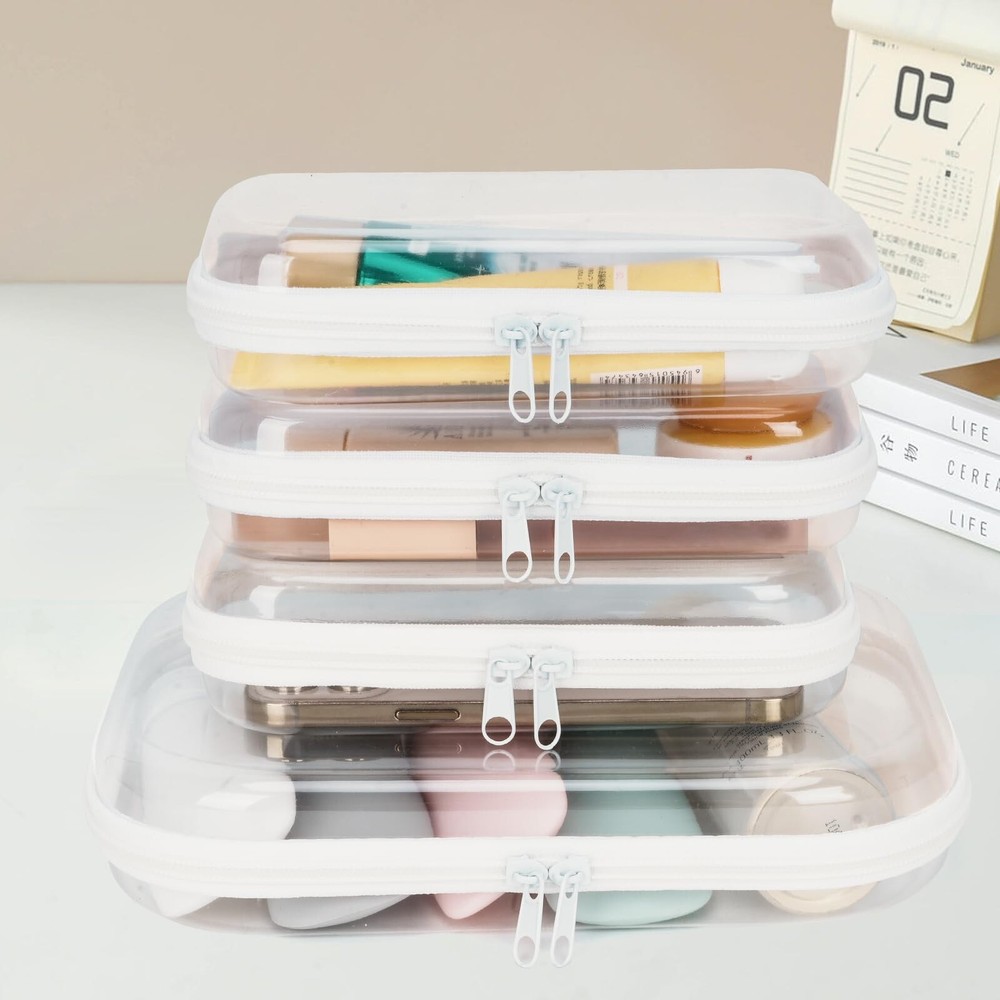 4 pcs Clear Hard Zipper Pouch Case for Storage, Stackable Waterproof Transpar...