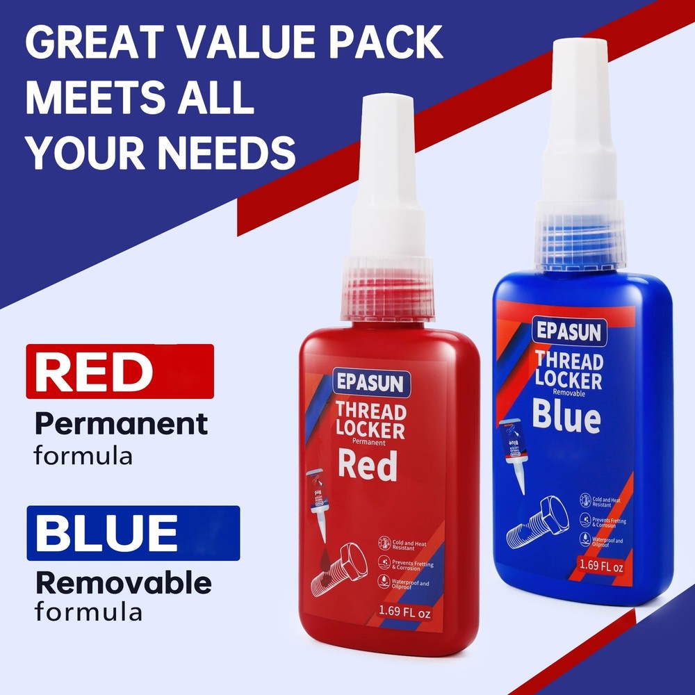 Threadlocker Blue and Red, 50mlx2 Thread Lock Medium and Strong Strength Lock...