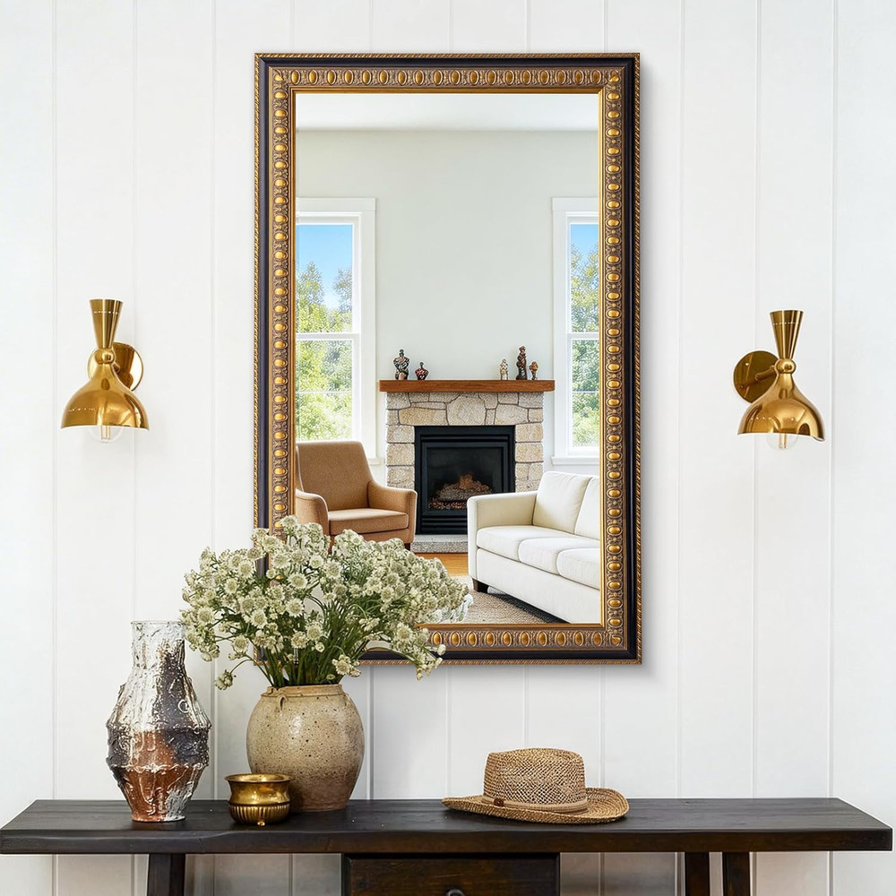 Baroque Vintage Gold Wall Mirror, 43" x 27" Decorative Rectangular Frame