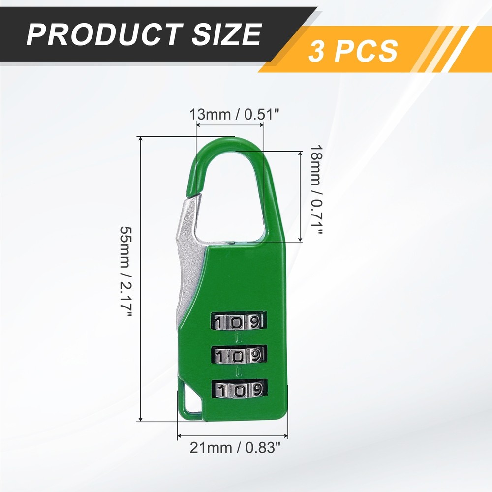 3Pcs Resettable 3 Digit Combination Lock Code Padlock, Green (55 x 21mm)