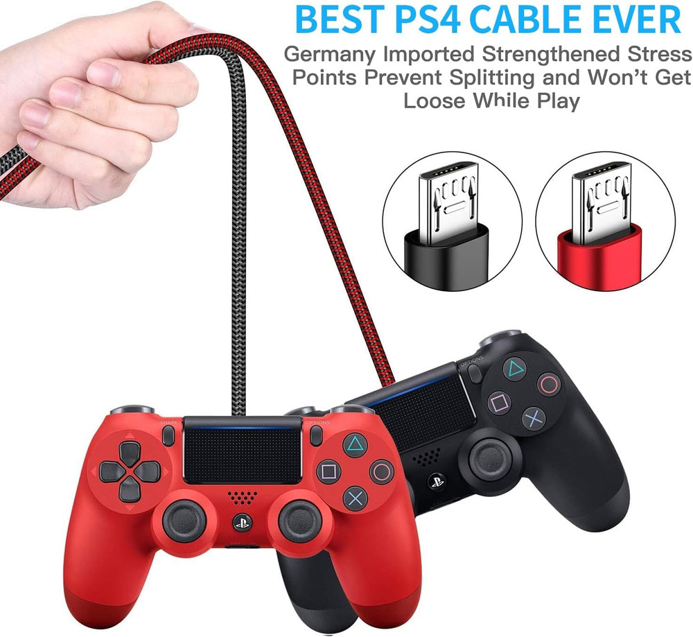 PS4 Controller Charger Charging Cable – 2 Pack 10FT Nylon Braided Micro USB 2.0