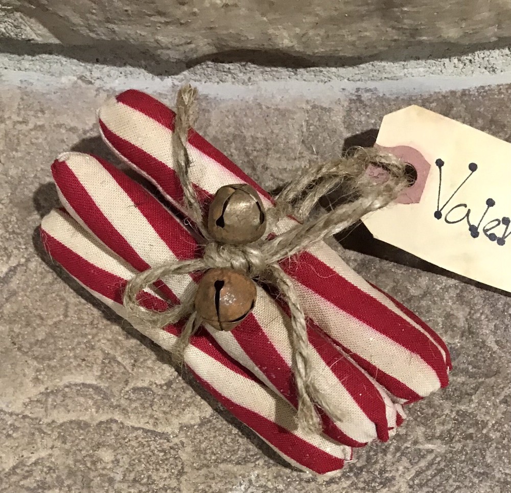 Five Primitive Rustic Red & White Valentine Peppermint Sticks-Rusty Bells