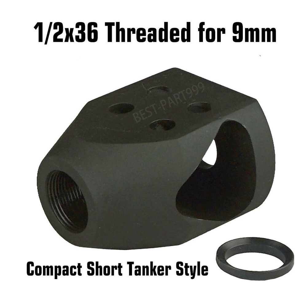 NEW 9 MM Short Compact Mini Tanker Style Muzzle Brake 1/2x36 Thread