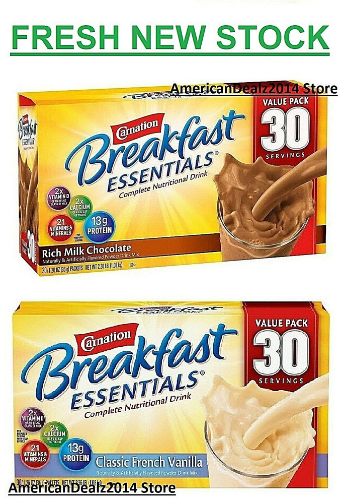 Carnation Breakfast Essentials Powder Drink Chocolate, Vanilla 30 or 60 Packets