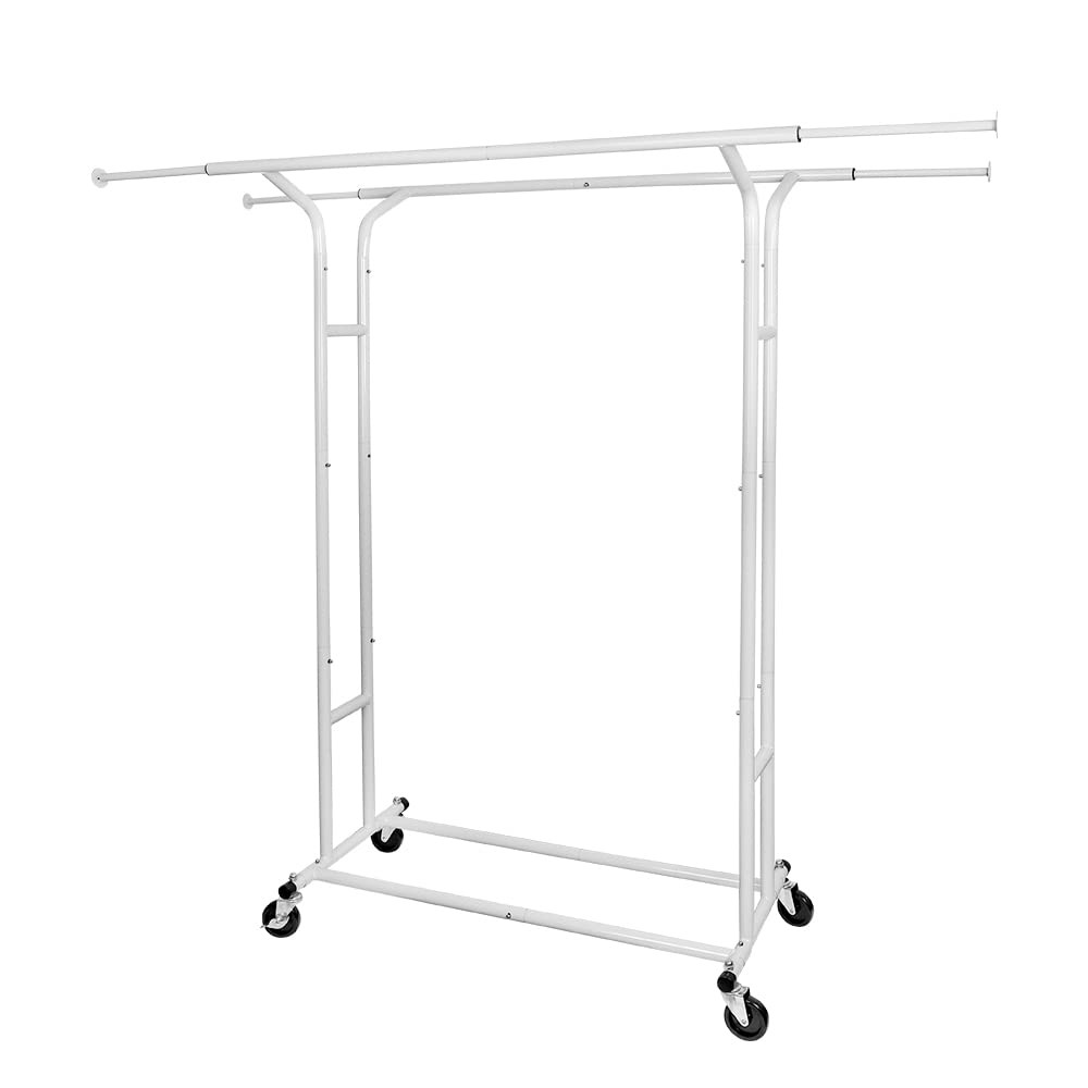 White Double Rod Garment Rack for Hanging Clothes, Rolling Clothes Organizer ...