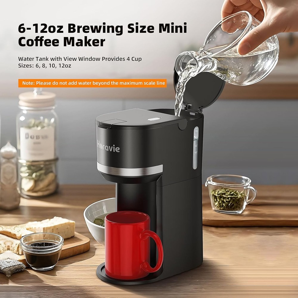 Mini Single Serve Coffee Maker for K Cup and Ground 9.45 Inches, Black