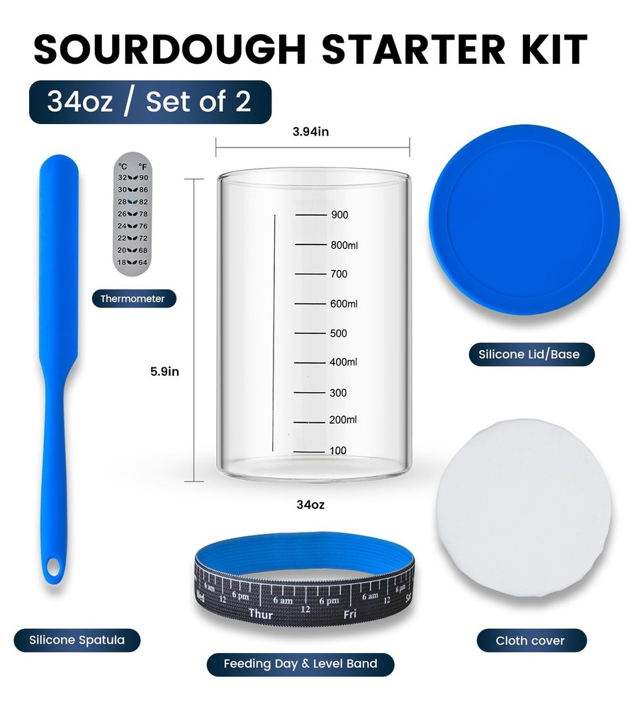 Adodeen Sourdough Starter Jar,Sourdough Kit – 2 Pack 34oz Blue