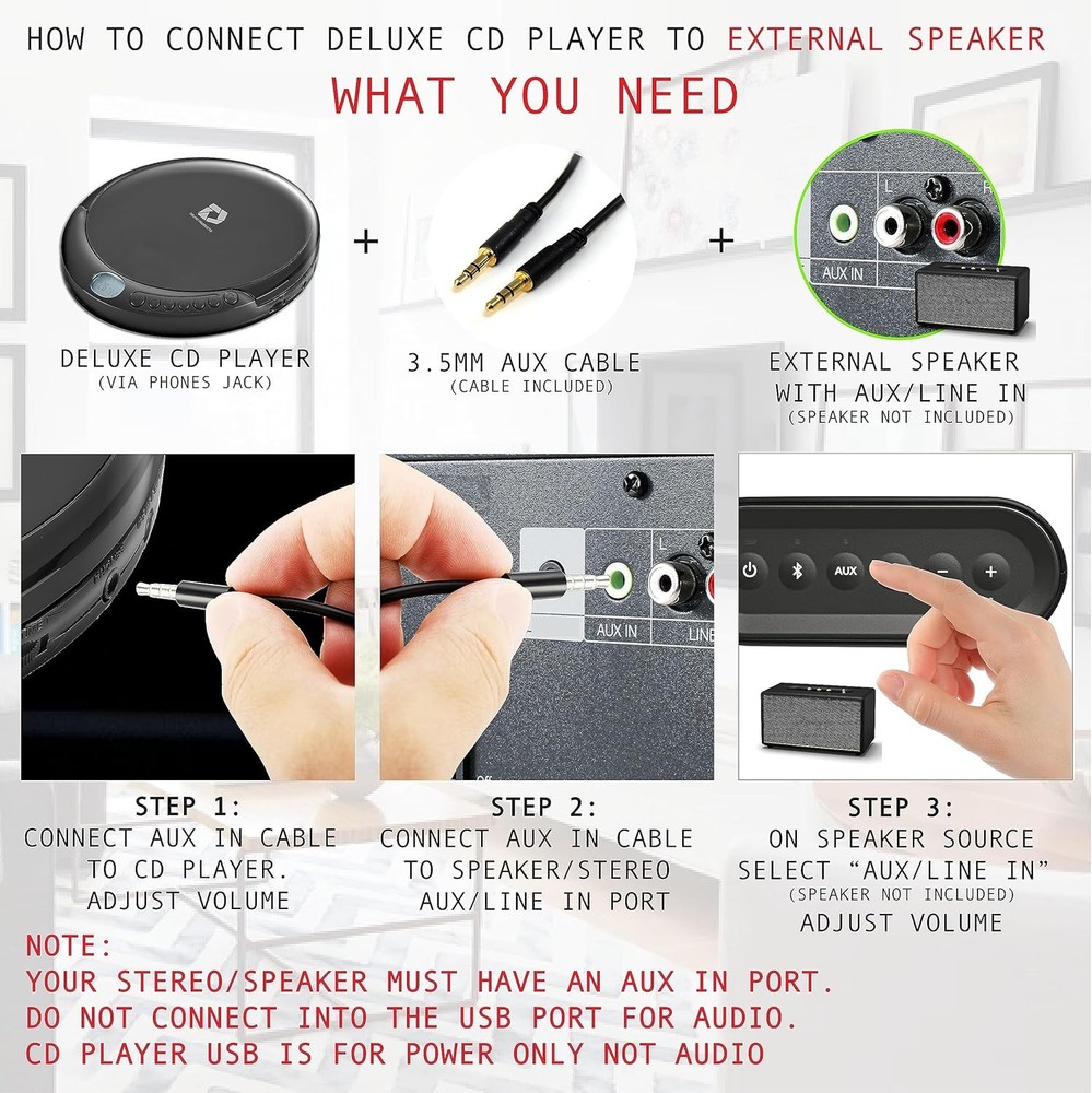 CD Player Portable with 60 Second Anti Skip, Stereo Earbuds, Includes Black