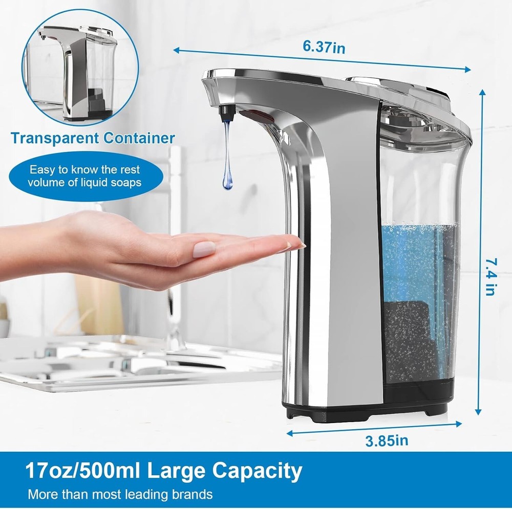 Automatic Soap Dispenser Silver 17oz Touchless Infrared Sensor Kitchen Bathroom