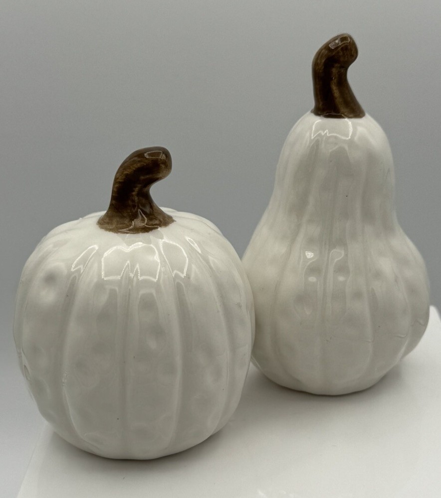 Ceramic WHITE Pumpkin & Gourd SALT & PEPPER SHAKERS FALL Thanksgiving