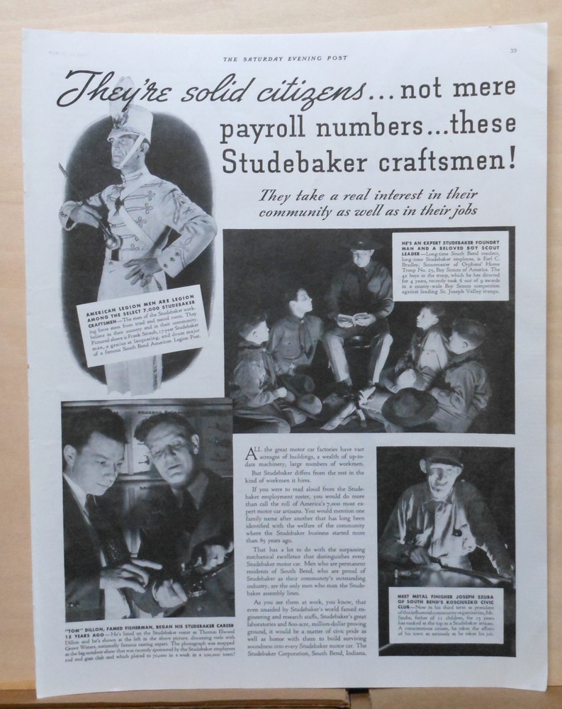 1937 magazine ad for Studebaker - workers are Boy Scout leaders, Solid Citizens