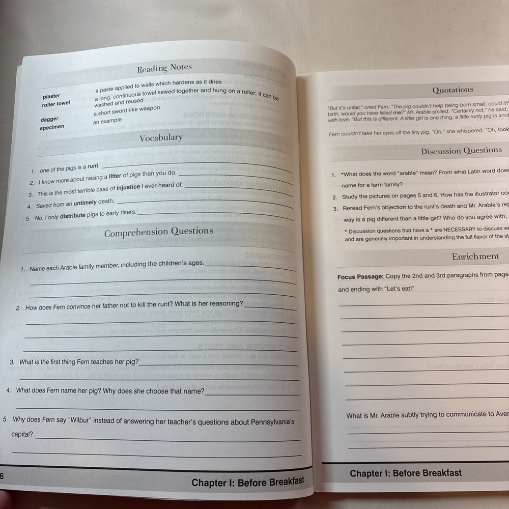 Memoria Press Charlotte’s Web Student Study Guide 2010 New