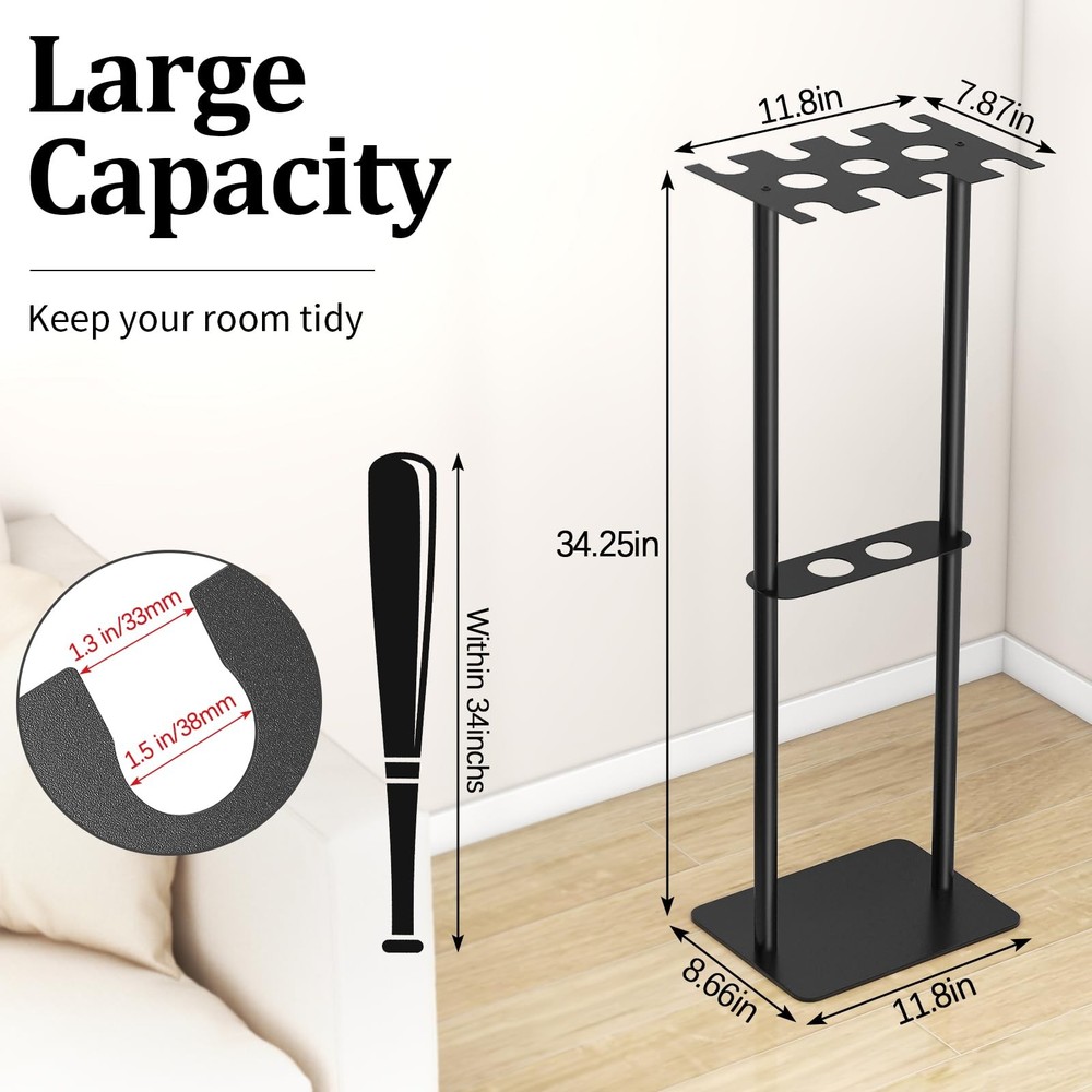 Gypie Baseball Bat Holder Stand - 8 Bats, 5 Balls Display, Free Standing