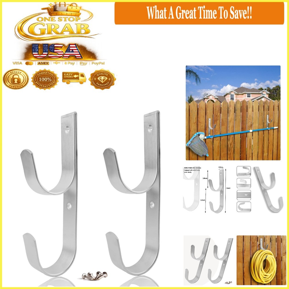 2 Pack Heavy Duty Silver Aluminium Pool Pole Hangers Hooks Rust Resistant