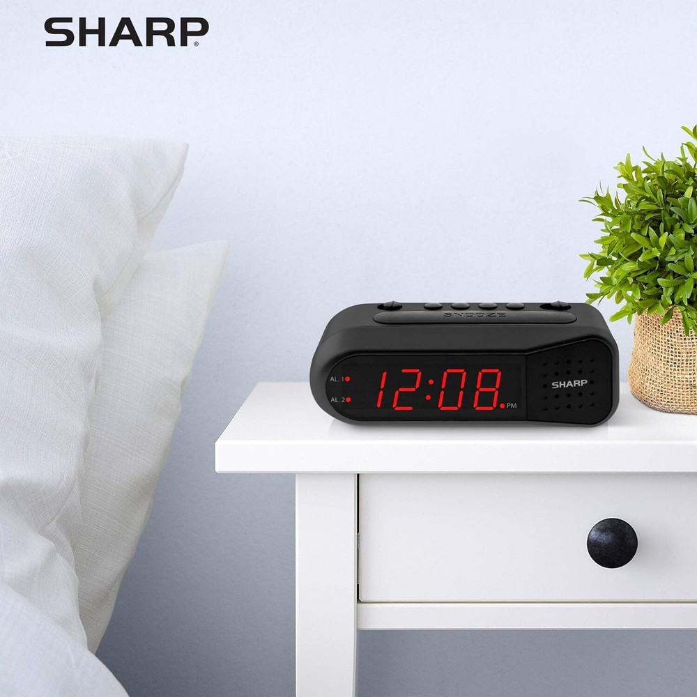 SHARP Digital Alarm Clock – Black Case with Red LEDs - Ascending Alarm Grows