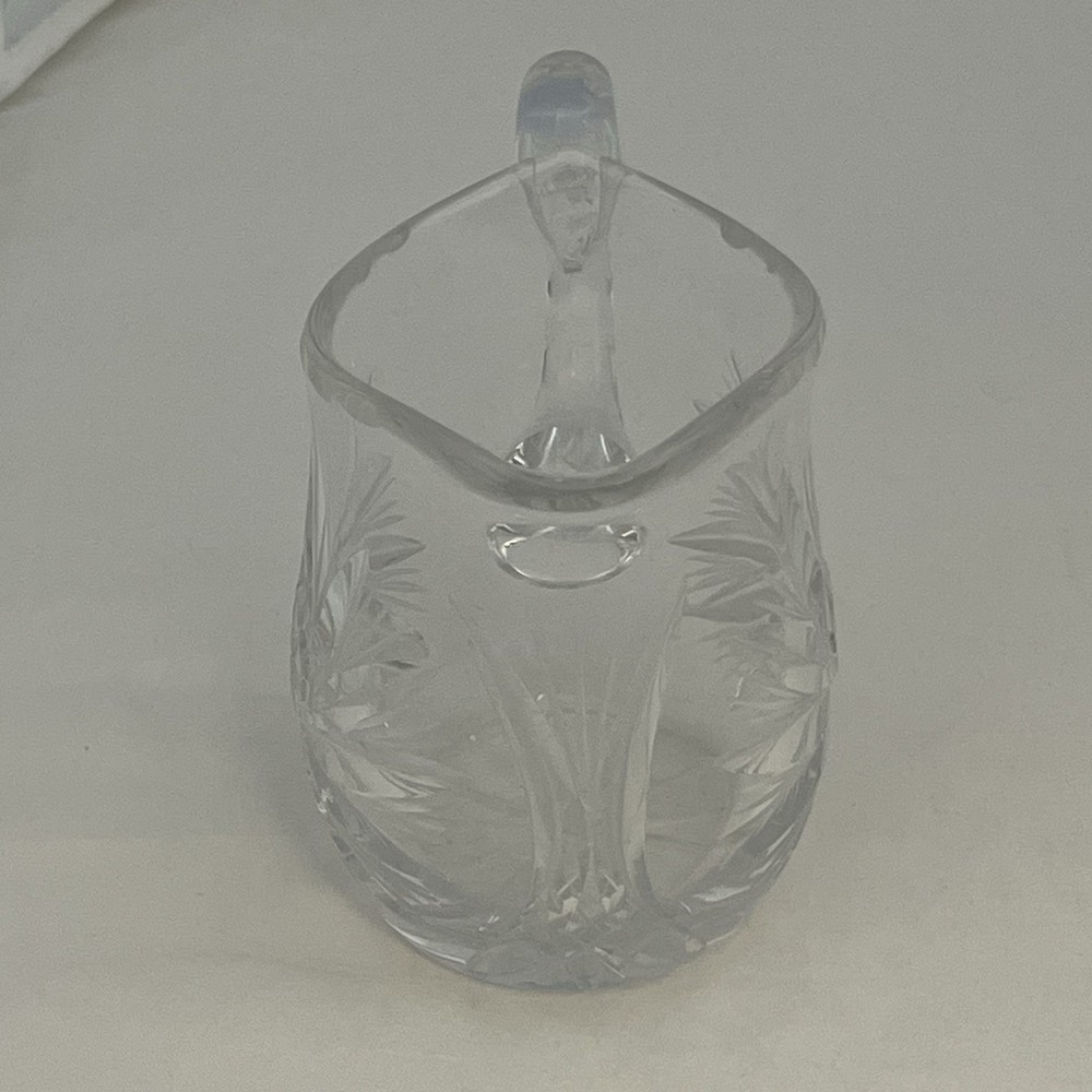 Small Unbranded Cut Crystal Creamer Pitcher Pinwheel Star Pattern Chip On Handle