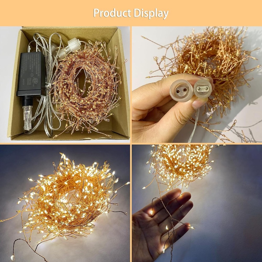 Fairy Lights Plug In 39Ft 600 Led Cluster Lights Waterproof String Light Warm WT