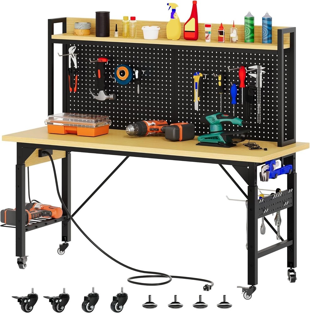 60” Adjustable Heavy-Duty Workbench with Pegboard & Wheels – 1600 LB Capacity