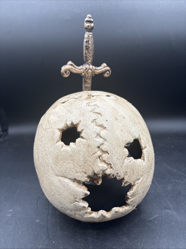 Cast Iron Mechanical Skull w/Dagger Gothic Eyes Open Close