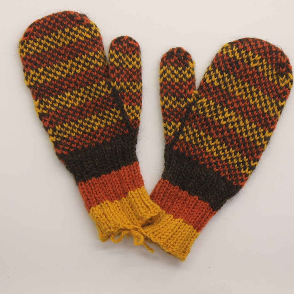 Dark Brown Yellow Orange Pattern Mittens Knit