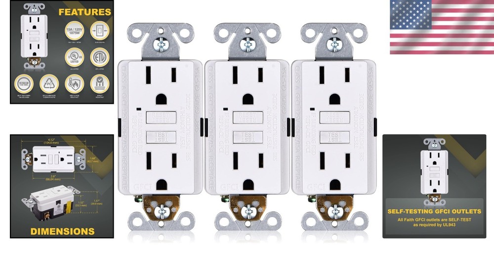 15A GFCI Outlets 3-Pack - Self-Testing with LED Indicator, Listed for Safety
