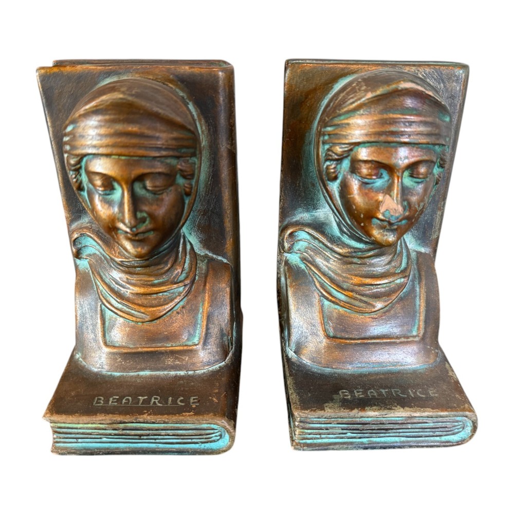 Antique Classical Bronze Clad Bookends - Figural Woman Bust