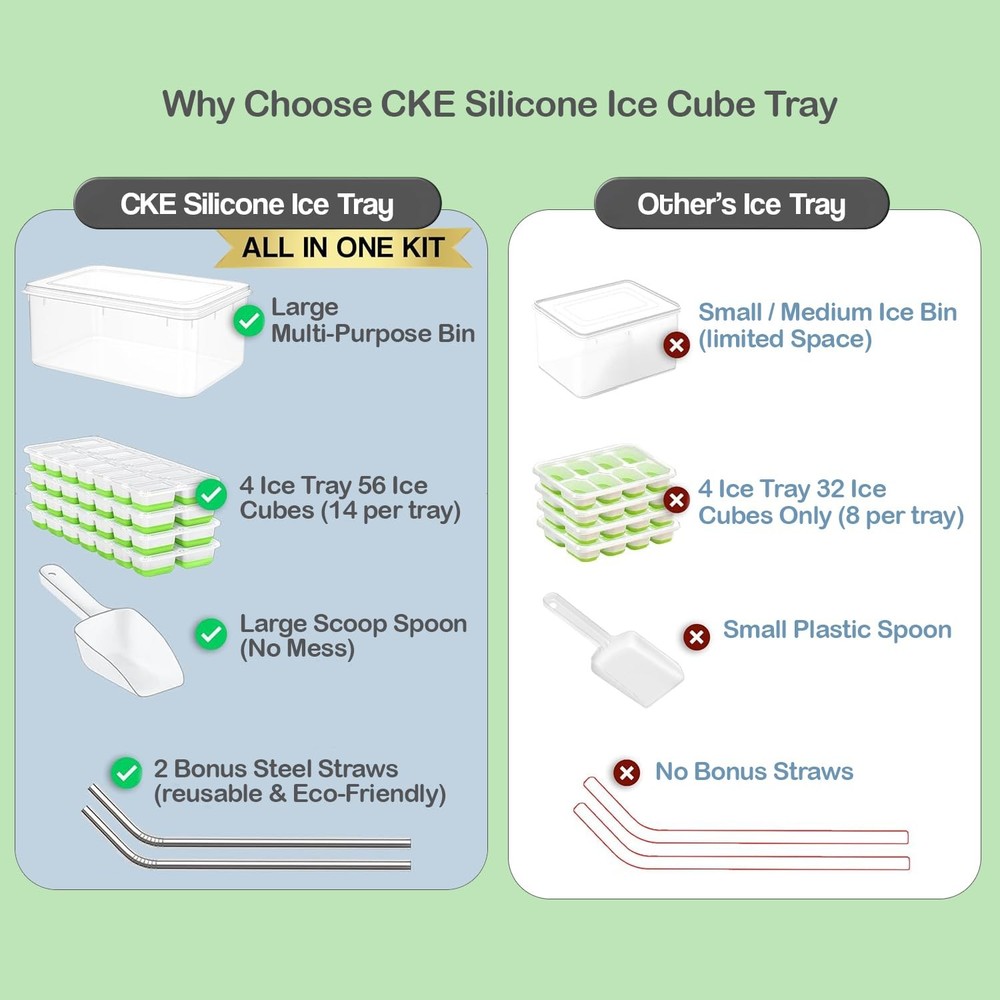 56pcs Ice Cube Tray with Lid and Bin – Stackable 4 Trays Silicone Plastic Fre...